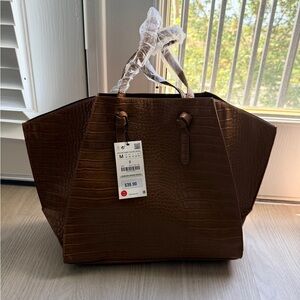 Zara Brown Croc-Embossed Tote Bag